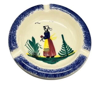 Vtg Henriot Quimper Pottery Ashtray Hand Painted Folk Art Signed Lady with Trees